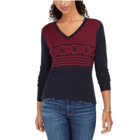 TOMMY HILFIGER Fair Isle Ivy Cotton V-Neck Sweater - NAVY / RED - NWT - XS - Picture 1 of 3